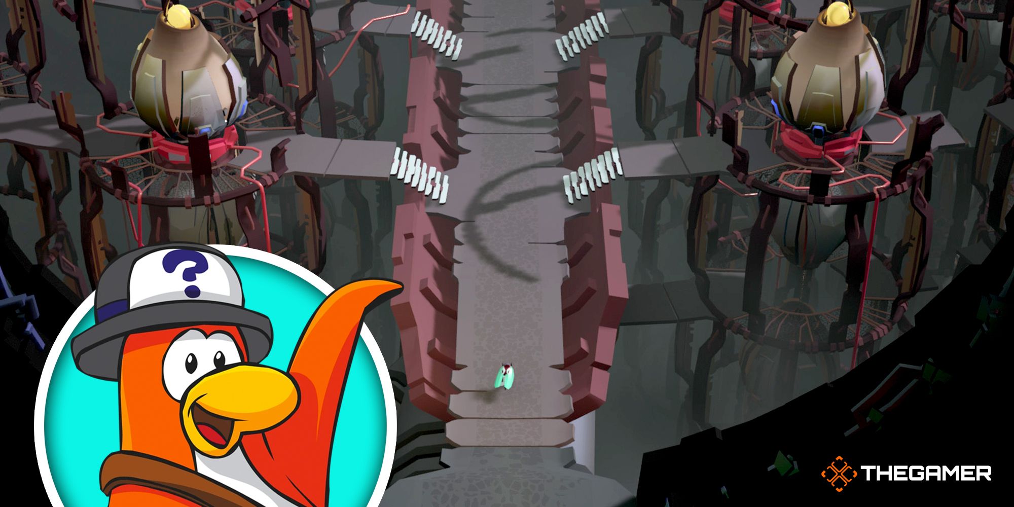 An orange Club Penguin penguin with a question mark hat gesturing to a screenshot from Cocoon