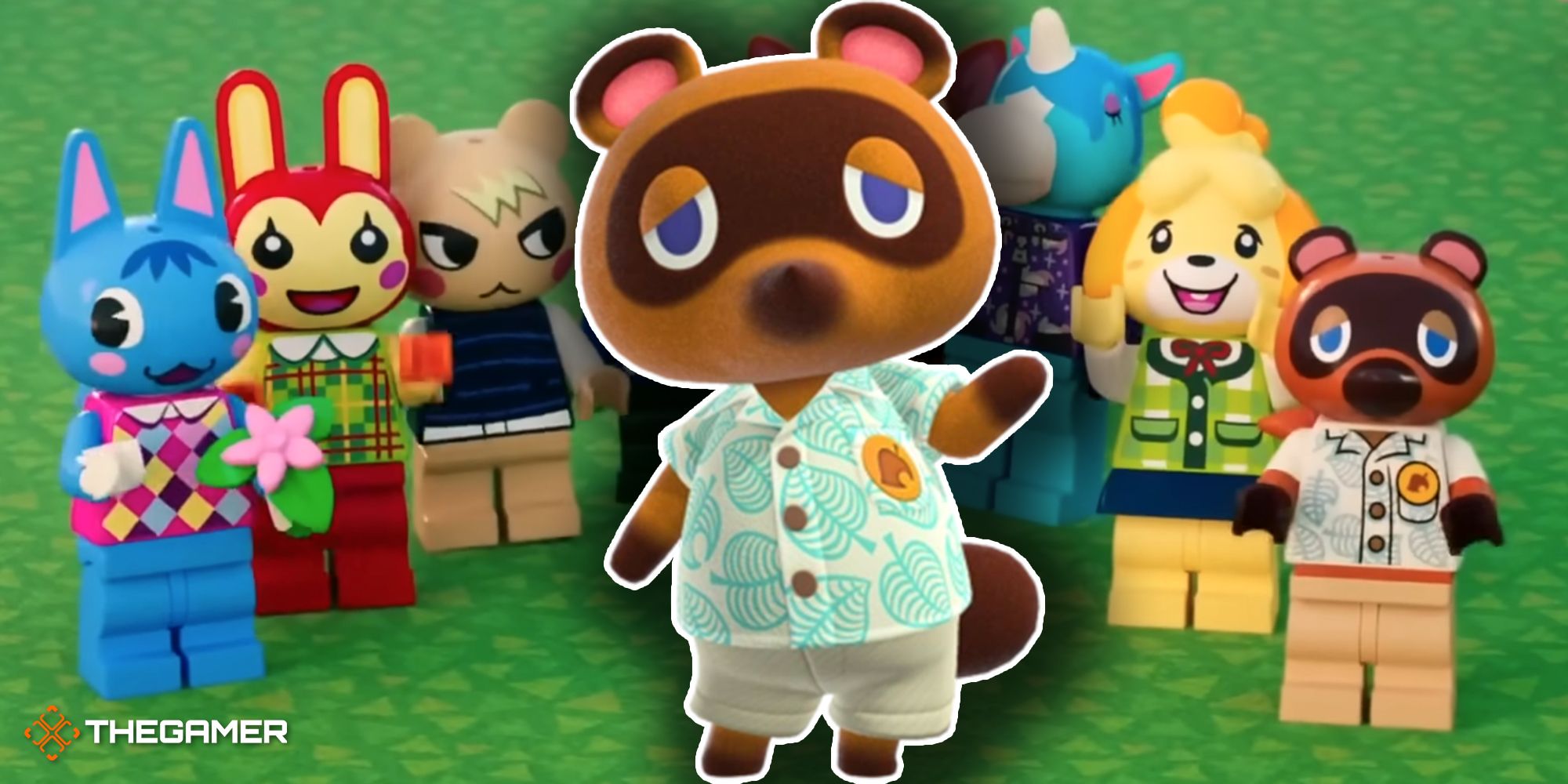 Tom Nook from the Animal Crossing game standing in front of the Lego minifig versions of Animal Crossing characters