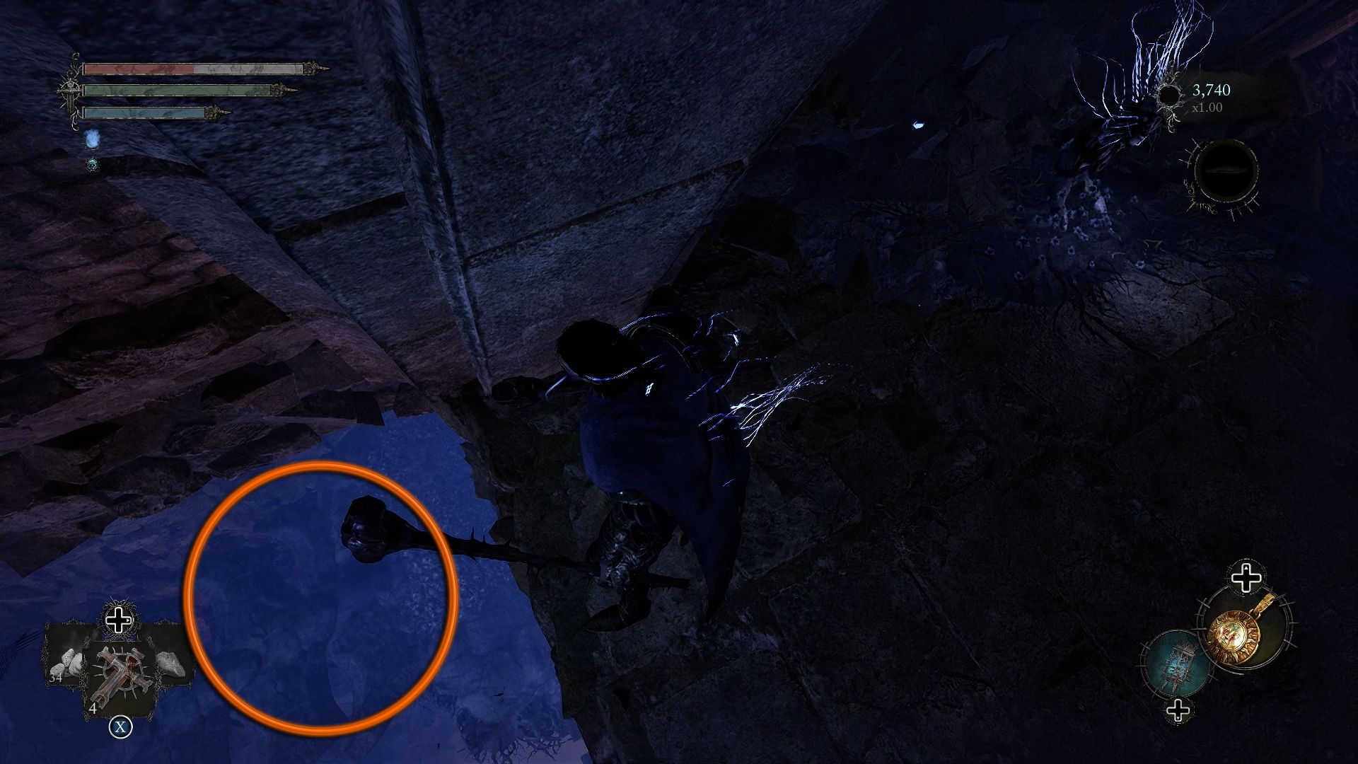 A circle showing a platform down below where the character can jump down to Lords of the Fallen