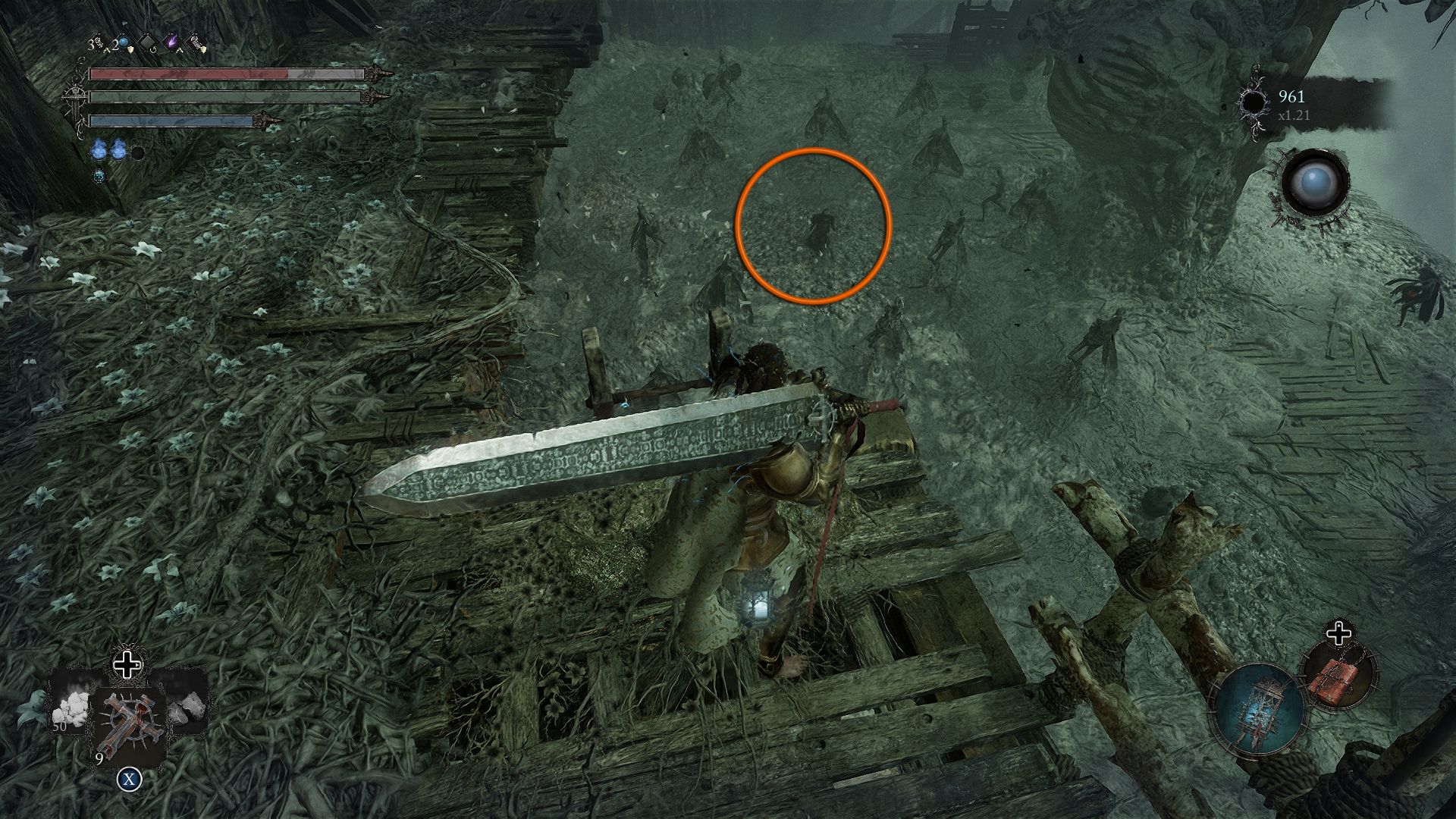 A circle showing the location of the Umbral belly that contains the Bowl of Revelations Lords of the Fallen