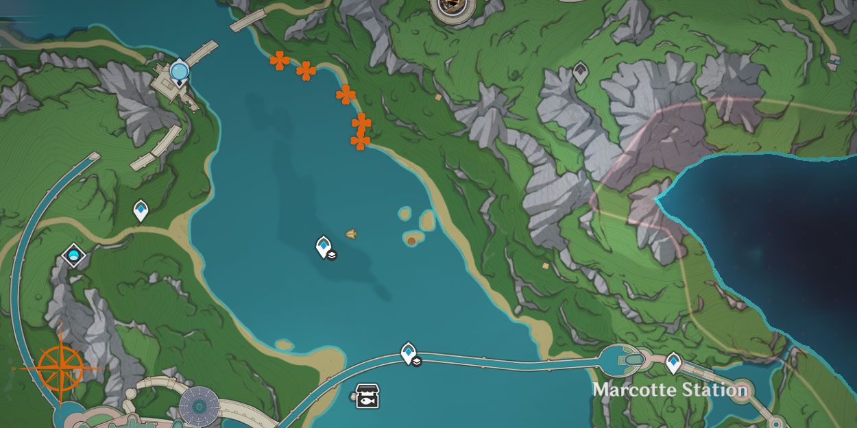 A map of an unnamed part of Fontaine in Genshin Impact hightlighting the locations of some Lumitoiles, a regional specialty from Fontaine. On the bottom left corner there is a small compass for better navigation.