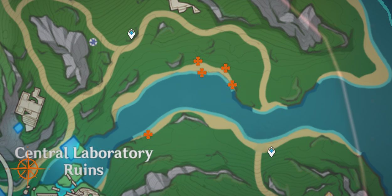 A map of the Central Laboratory Ruins part of Fontaine in Genshin Impact hightlighting the locations of some Lumitoiles, a regional specialty from Fontaine