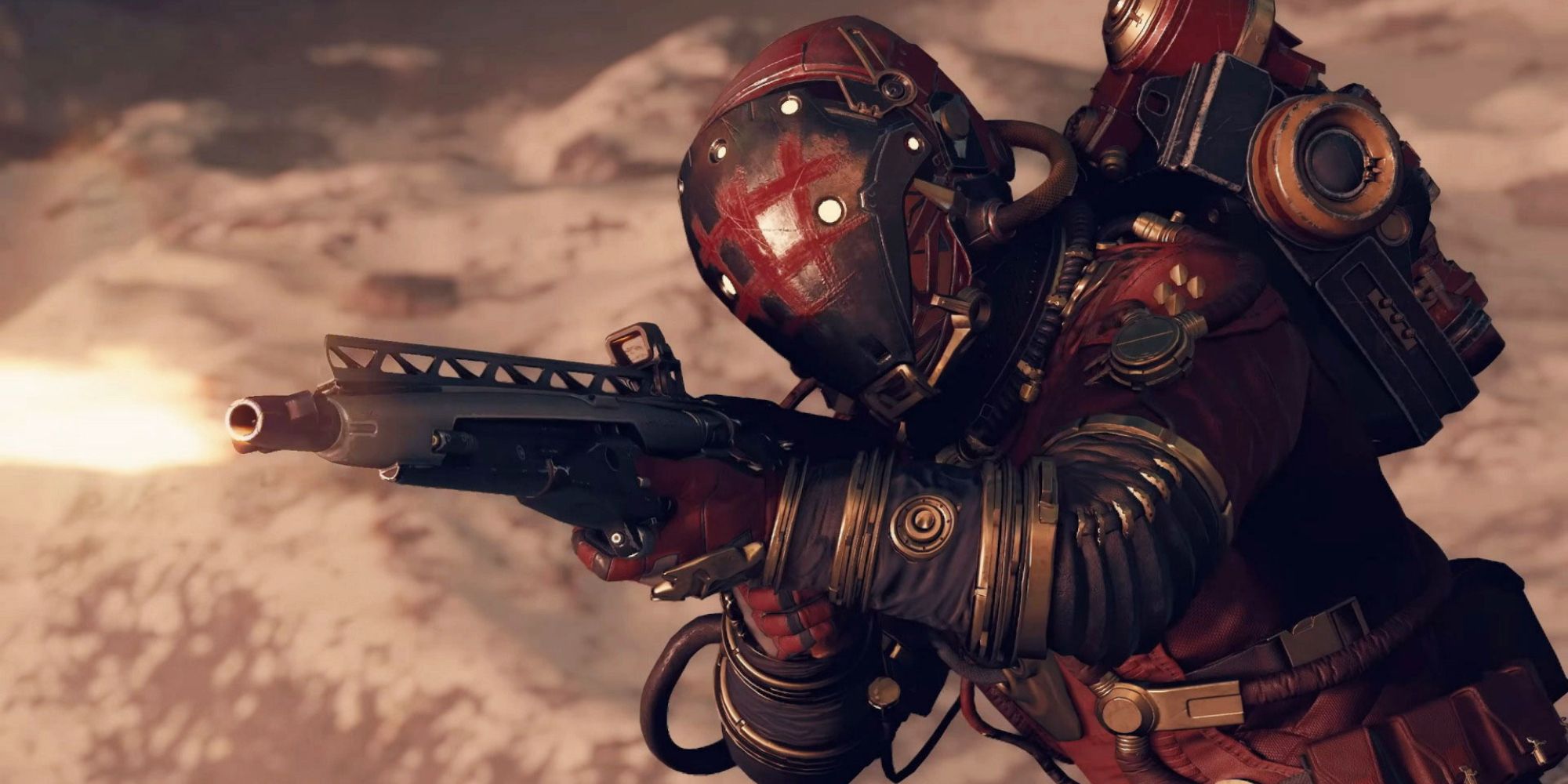 A pirate in Starfield wear a red astronaut suit firing their weapon off screen