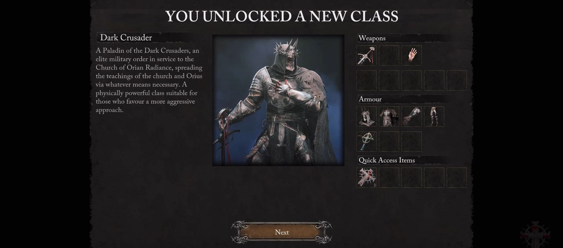A prompt indicating the the player has unlocked the Dark Crusader class in Lords of the Fallen