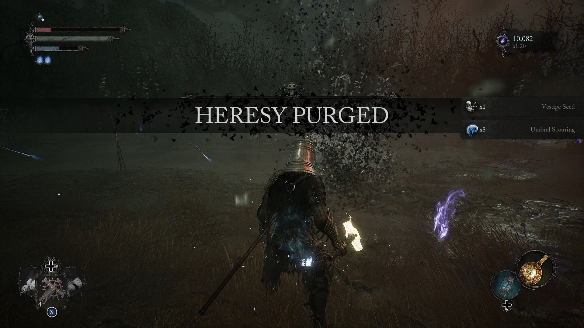 A prompt reading "Heresy Purged" indicating victory over the Hushed Saint Lords of the Fallen