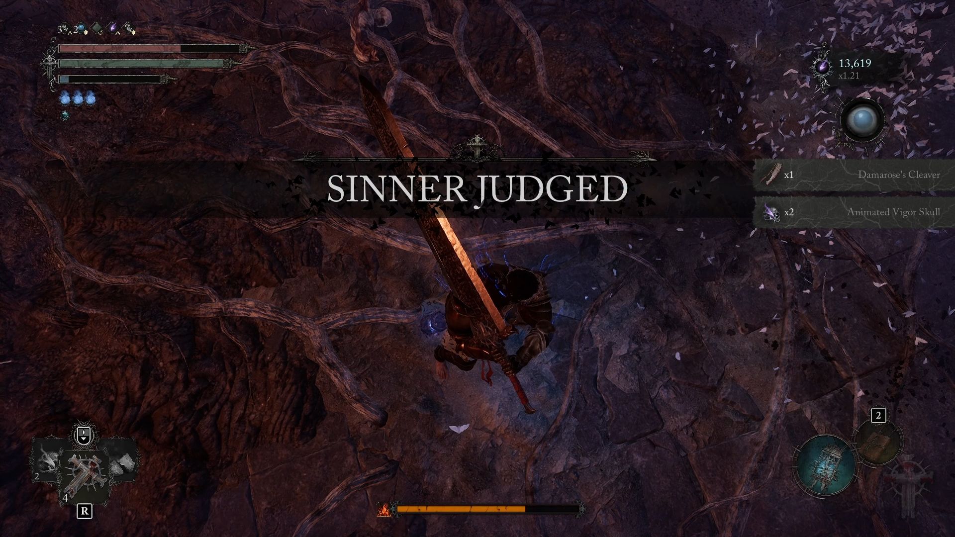 A prompt saying Sinner Judged indicating victory over Damarose the Marked in Lords of the Fallen