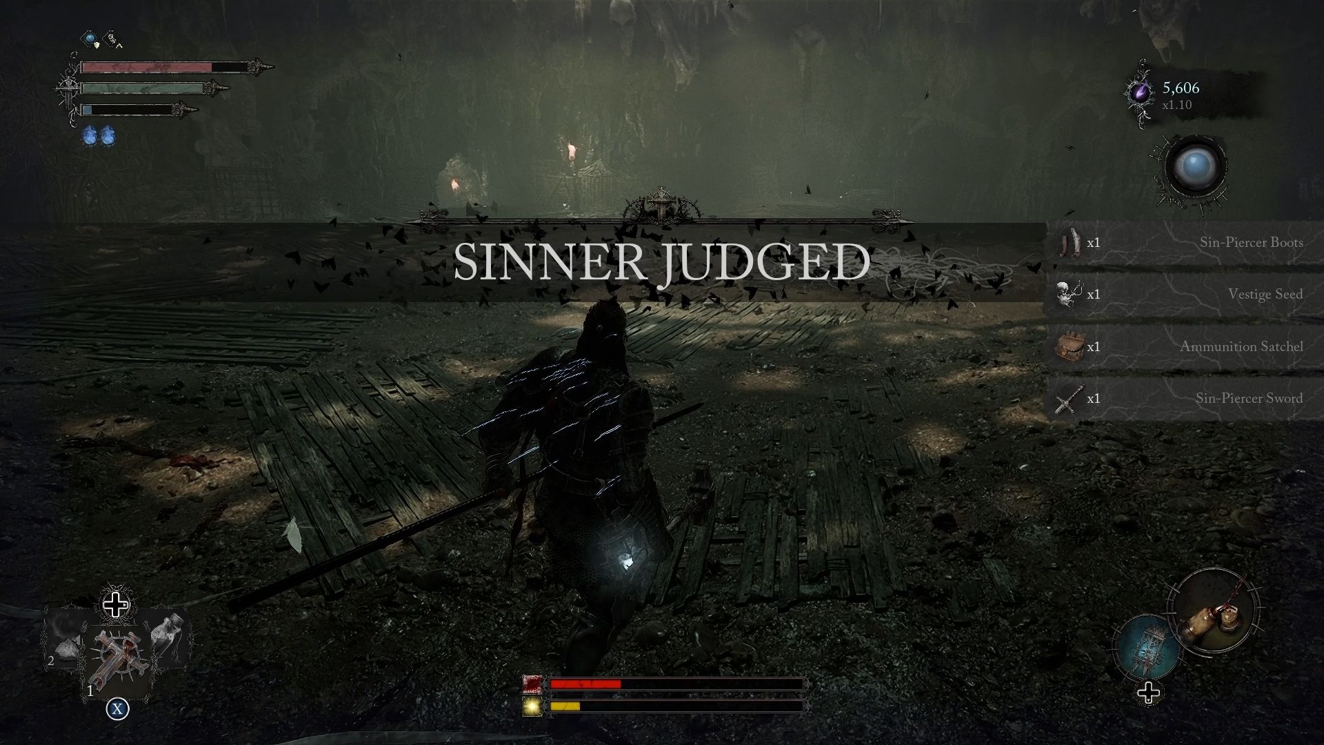 A prompt reading "Sinner Judged" indicating victory over Gentle Gaverus, Mistress Of Hounds Lords of the Fallen