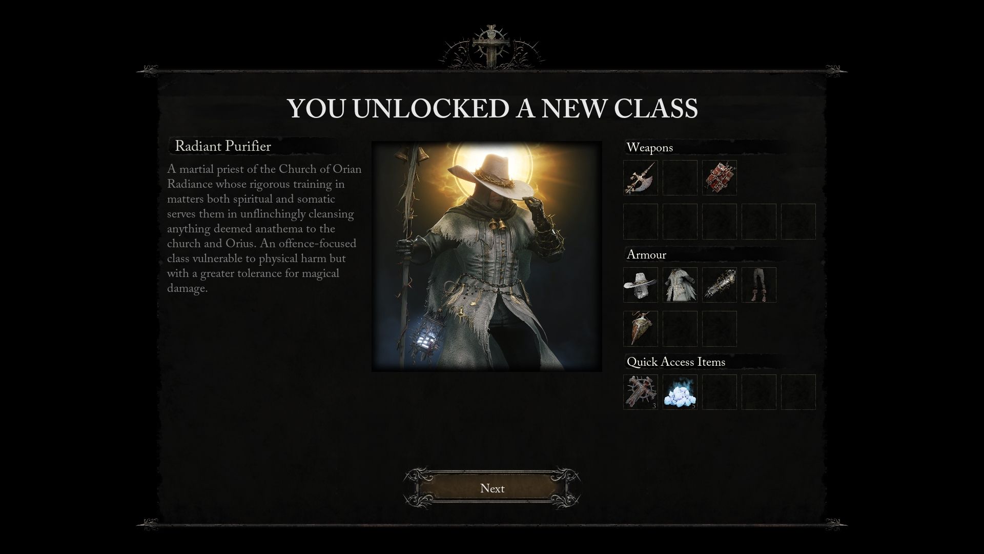 A prompt showing that the player unlocked the Radiant Purifier Class Lords of the Fallen
