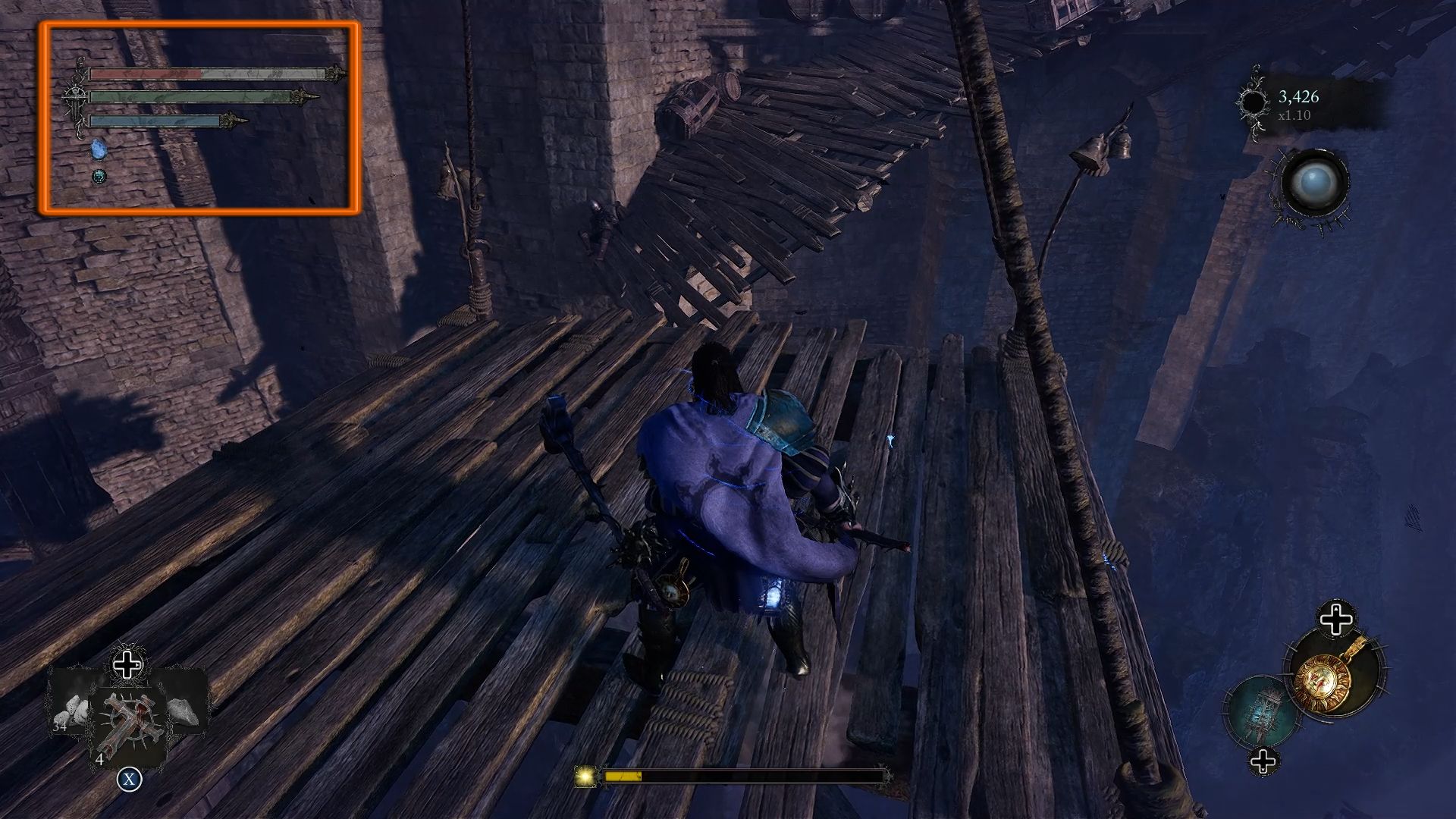 A rectangle outlining three bars on the top left of the screen with red being for health, green for stamina, and blue for mana Lords of the Fallen