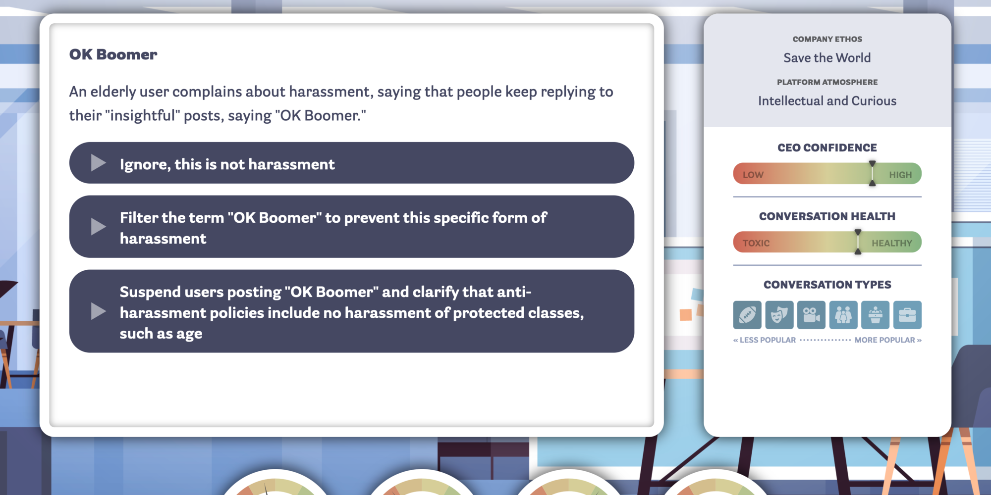 A scenario in Trust and Safety Tycoon involving an old person claiming he's being harassed with the phrase %22Ok boomer%22