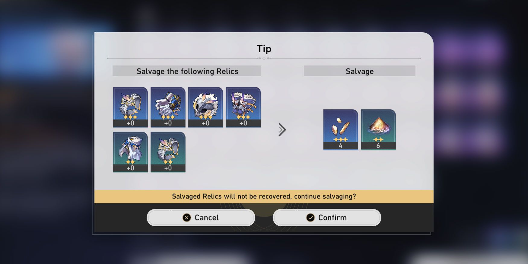 A-screen-showing-some-Relics-selected-for-salvaging-in-Honkai-Star-Rail