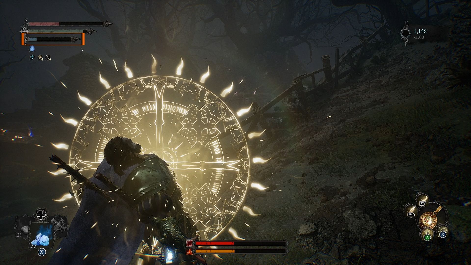 A rectangle outlining the mana meter on the top left of the screen to cast Spells in Lords of the Fallen
