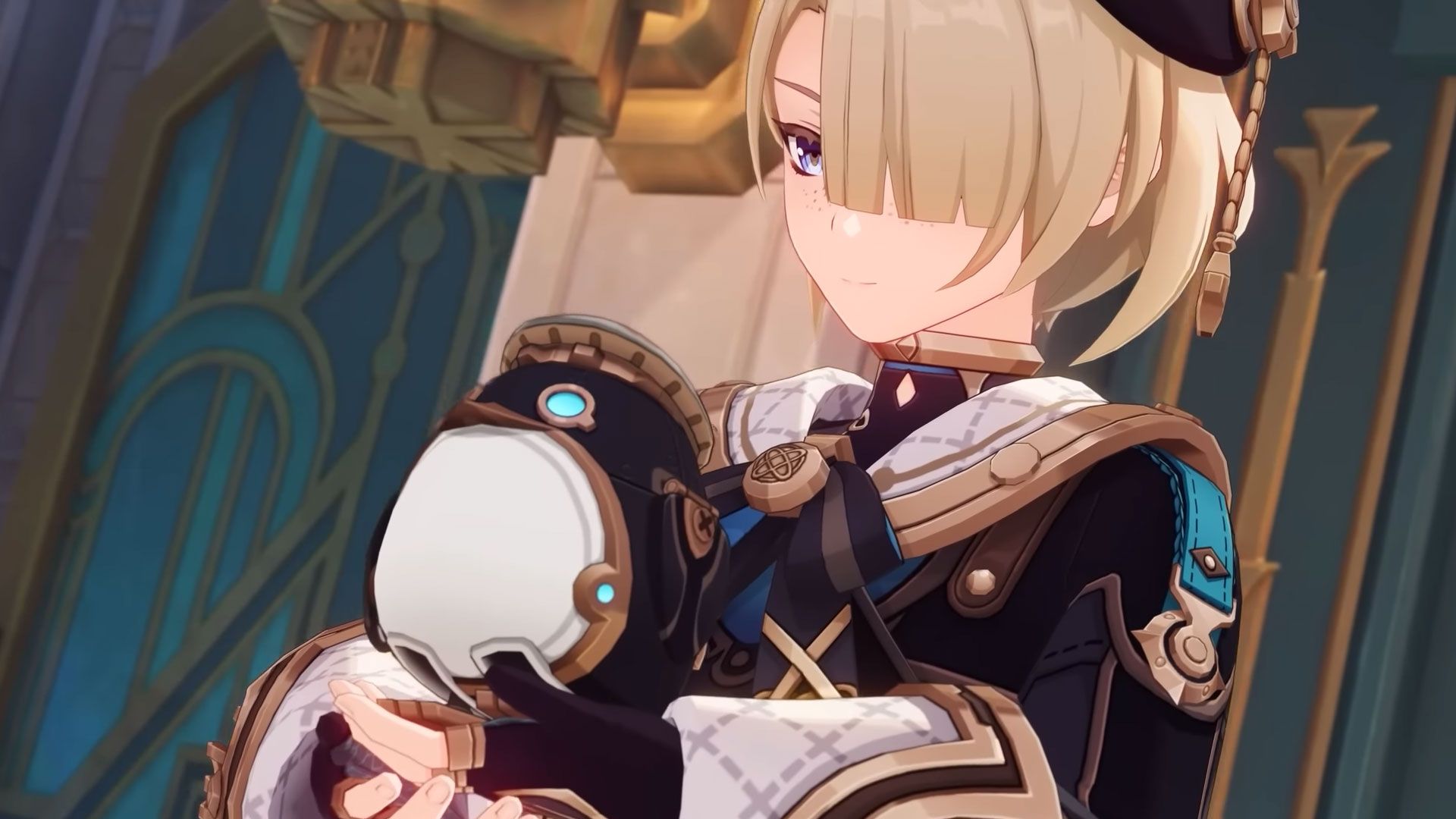 A-shot-of-Freminet from Genshin Impact-holding-his-clockwork-pet-toy-Pers-with-a-fond-expression