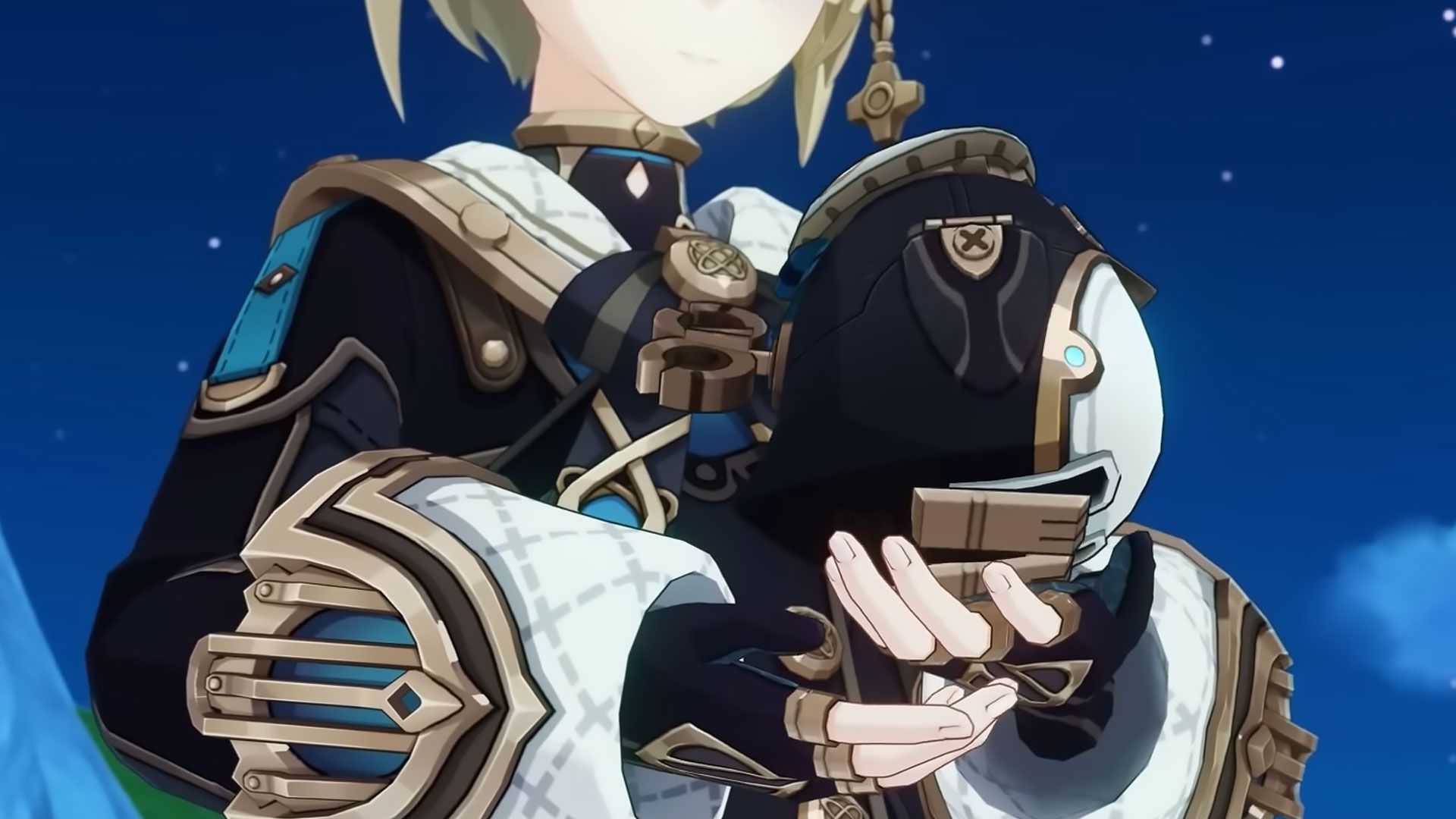 A-shot-of-Freminet from Genshin Impact-where-his-face-is-cut-off-and-his-hands-are-seen-holding-Pers,-his-clockwork-meka-toy-pet,-up-and-close-to-him.
