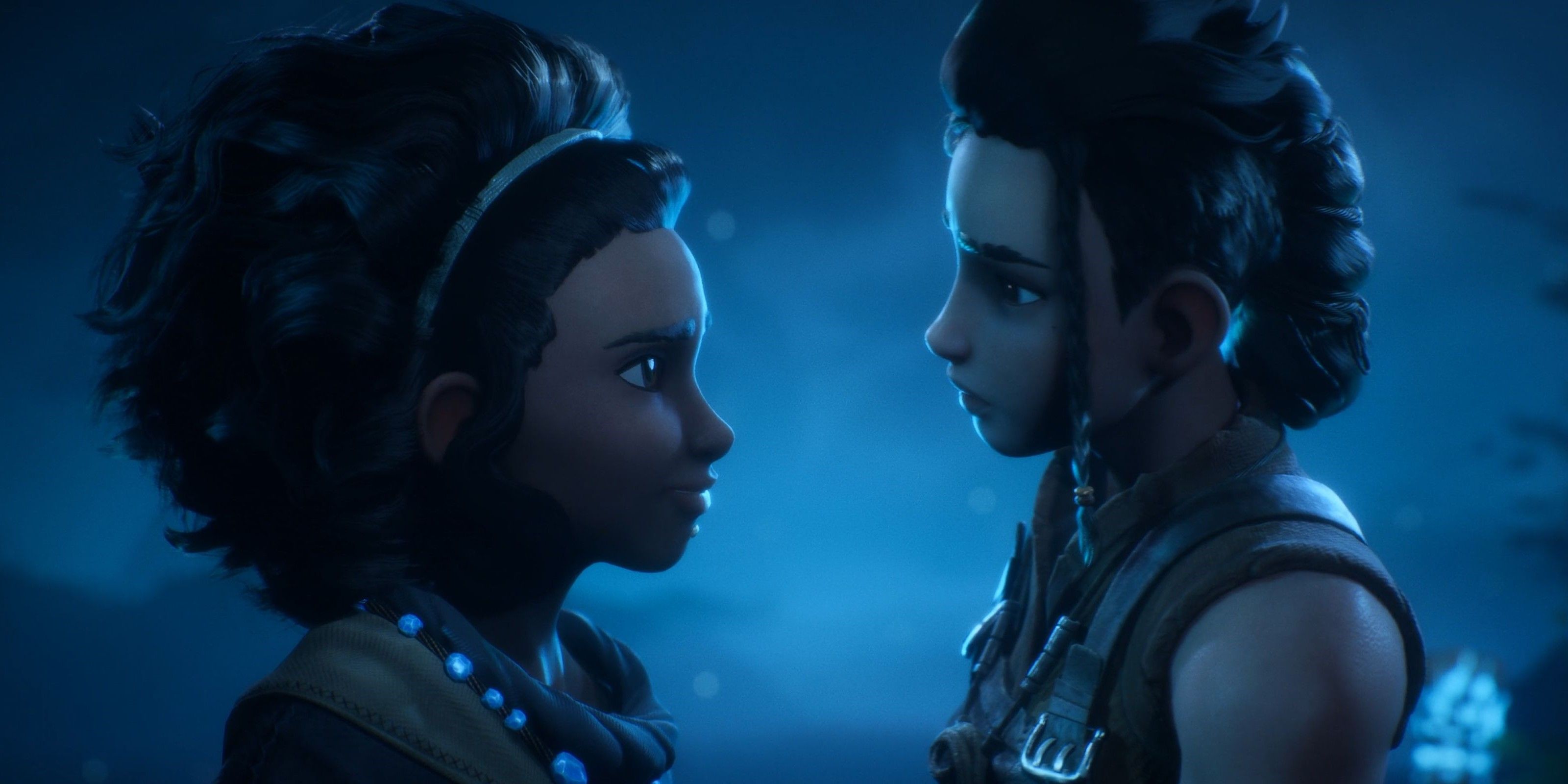 Official still of Adira and Hana looking at each other in Kena - Bridge of Spirits