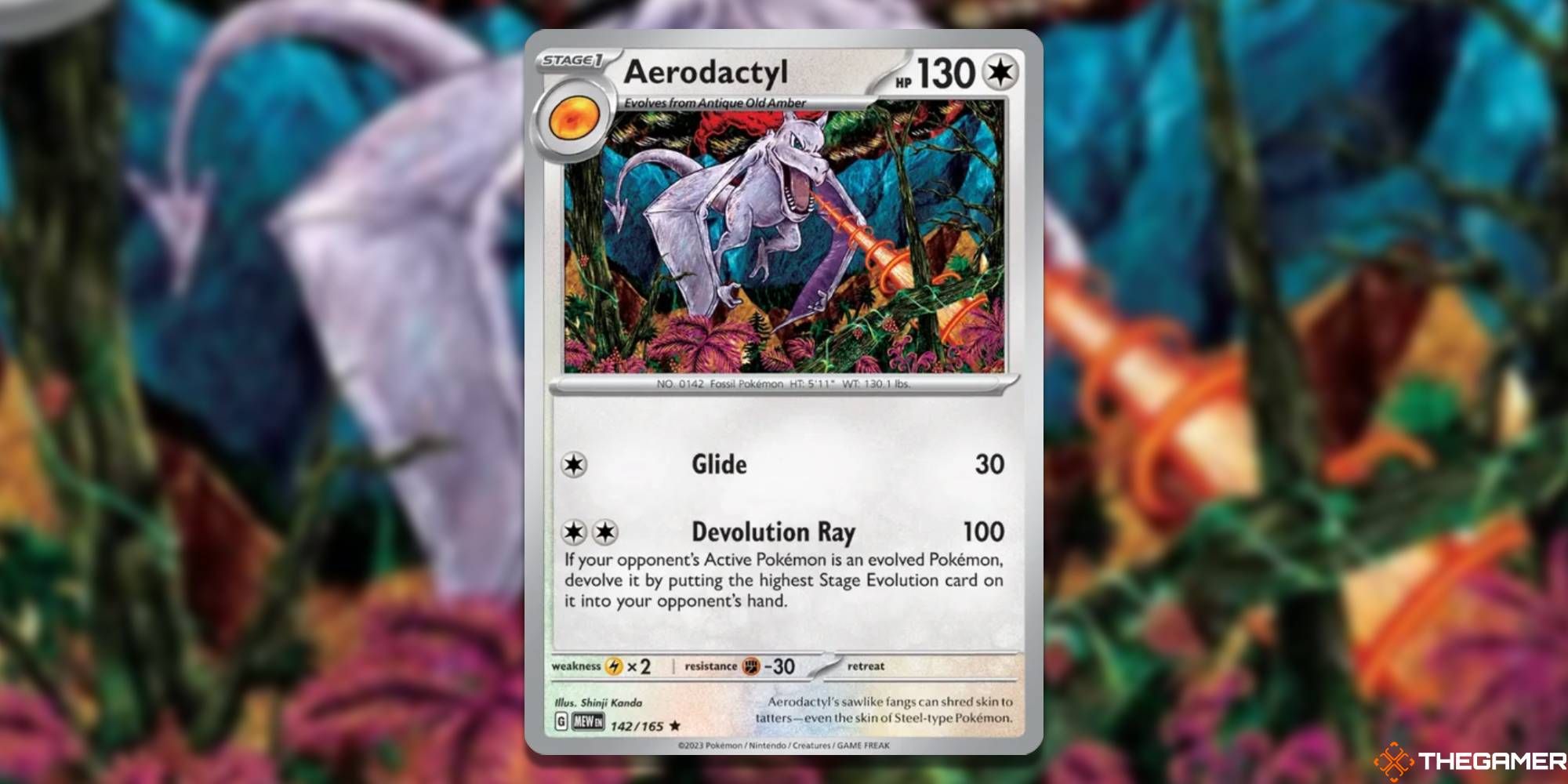 Aerodactyl from SV: Scarlet and Violet 151 set with blurred background