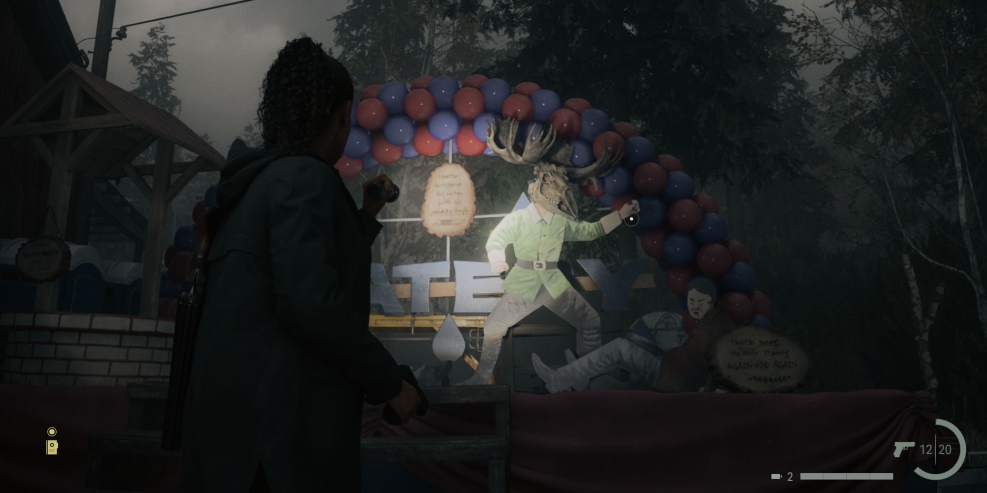 Saga Anderson inspects the Kalevala Knights parade float, decorated with the skull of Mocha the Moose, in Alan Wake 2