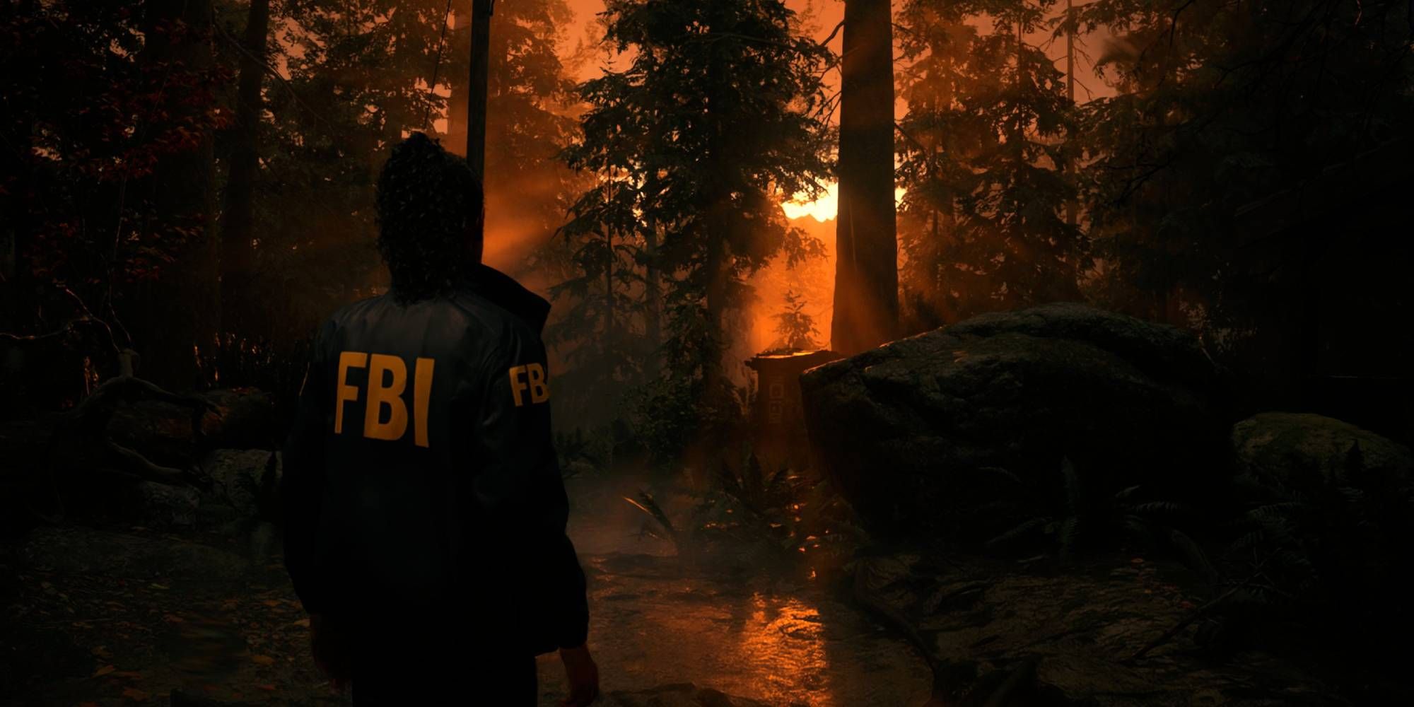 Saga standing in a forest at sunset in Alan Wake 2.