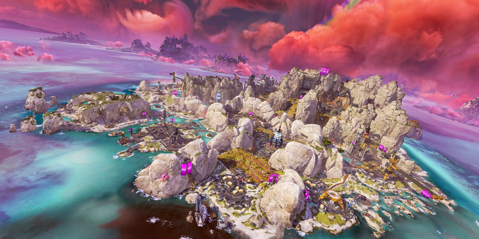 an aerial view of apex legends storm point map with pink clouds above