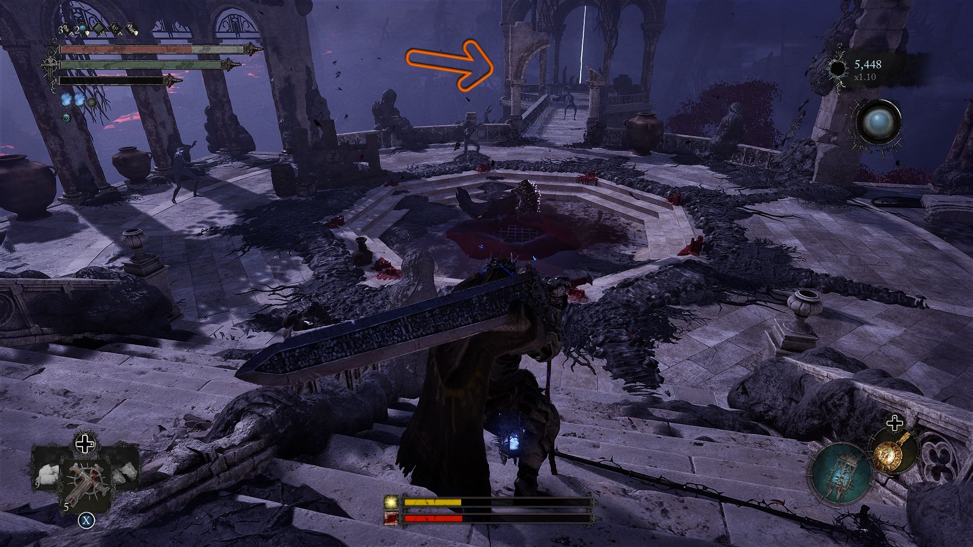 An arrow directing the player toward a gazebo Lords of the Fallen