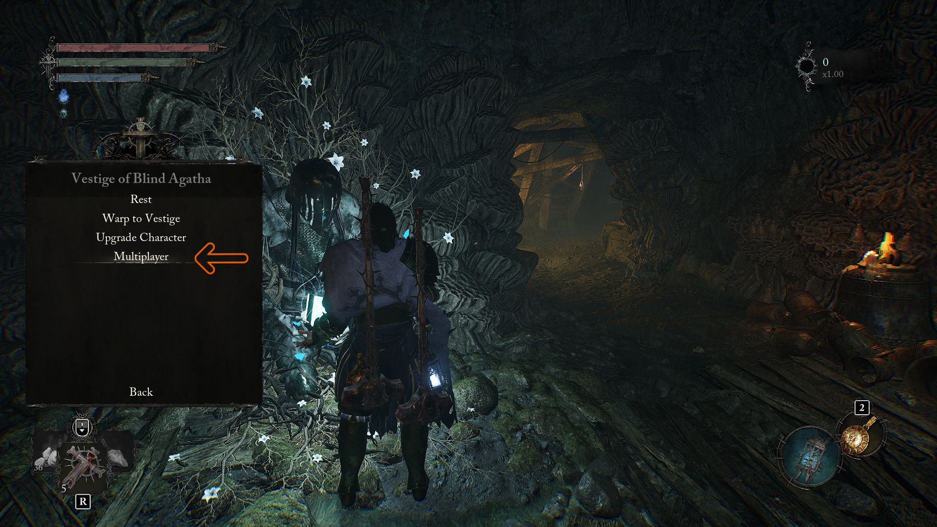 An arrow pointing on the Multiplayer option from the Vestige lords of the fallen