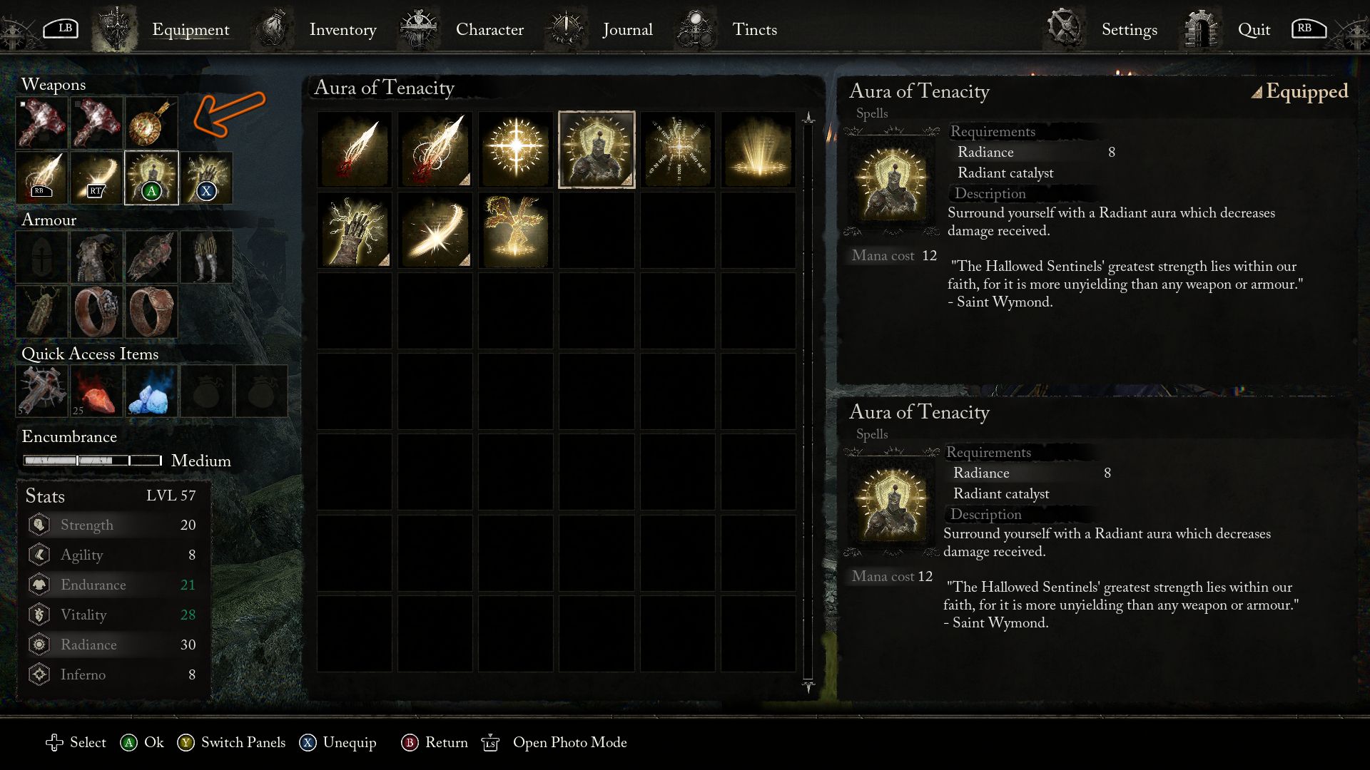 An arrow show where you should equip a catalyst from the equipment menu in Lords of the Fallen with a list of some Radiant Spells