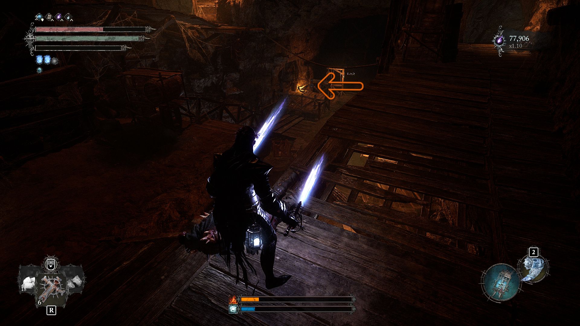 An arrow showing a path to the left side Lords of the Fallen