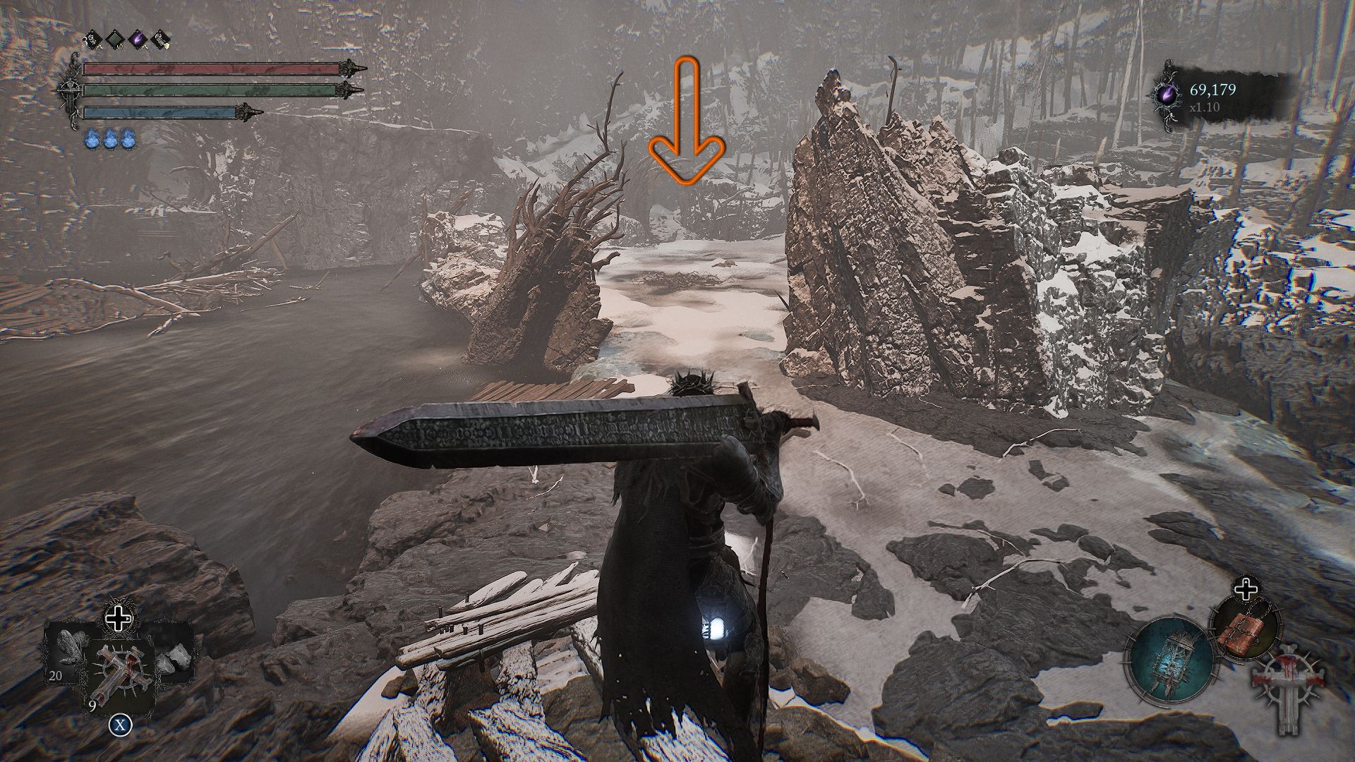 An arrow showing the arena where the Lightreaper fight triggers at Fief of the Chill Curse Lords of the Fallen