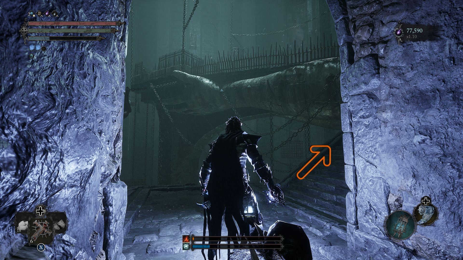 An arrow showing the stairs on the right side of the player Lords of the Fallen