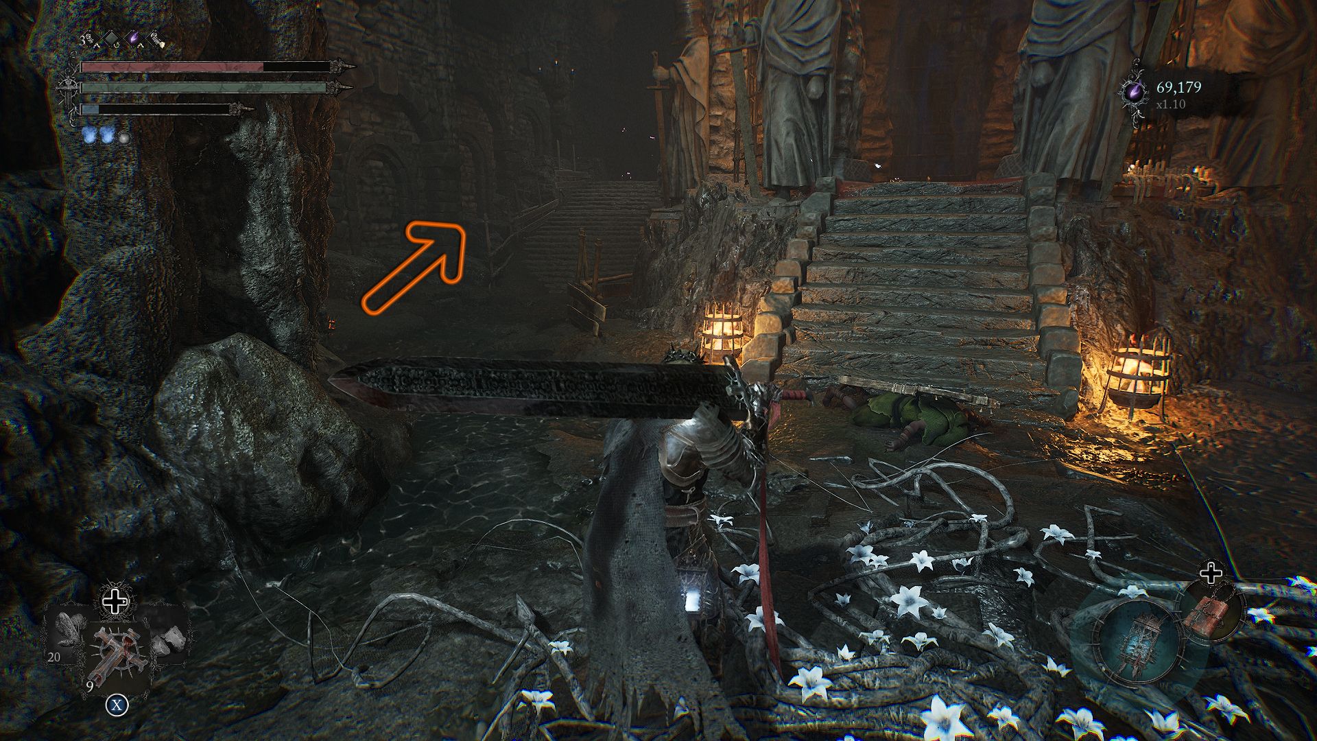 An arrow showing the stairs that leads to the Path of Devotion Lords of the Fallen