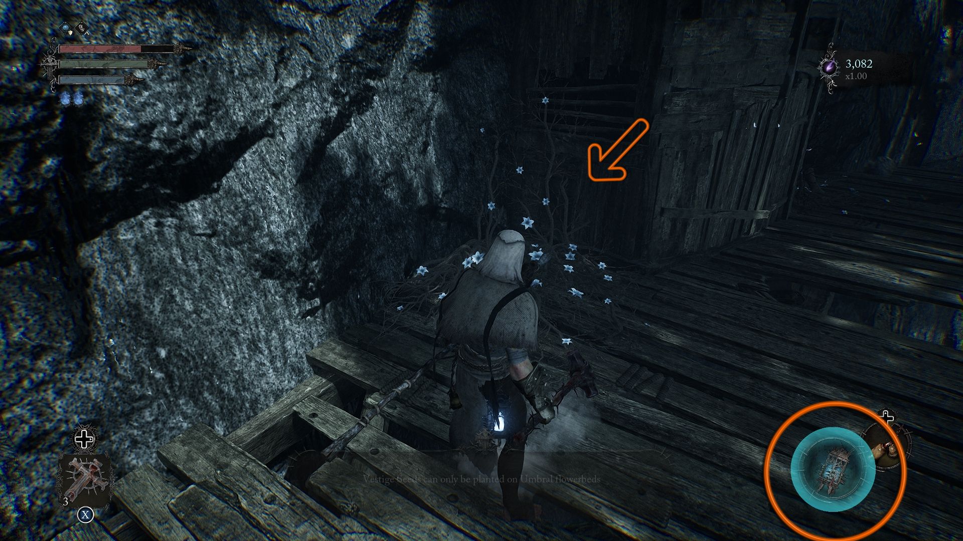 An arrow showing where the Umbral Flower is, and the circle showing the special effect from the Umbral Lamp when near an Umbral Flowerbed Lords of the Fallen