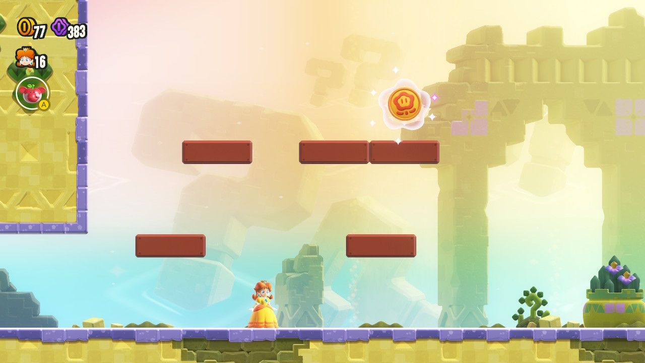 A flower token sitting on top of two connected blocks.