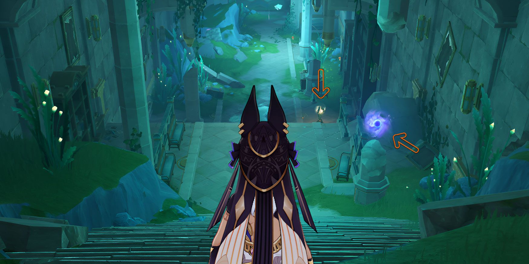 An image showing Cyno from Genshin Impact standing atop a staircase before a relay puzzle mechanism with arrows pointing towards Pneumosia mechanisms.