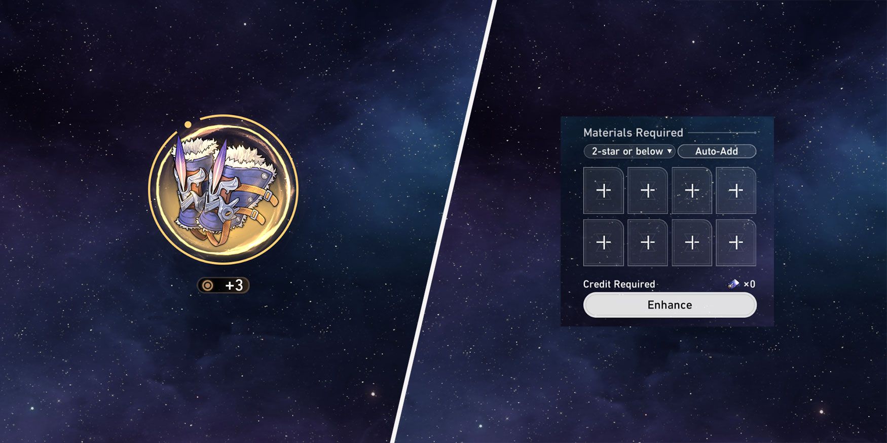 An-image-split-in-two-showcasing-a-feet-Relic-piece-from-the-Eagle-of-Twilight-Line-set-in-Honkai-Star-Rail.-On-the-right,-there-is-a-little-box-showing-options-to-add-enhancement-materials