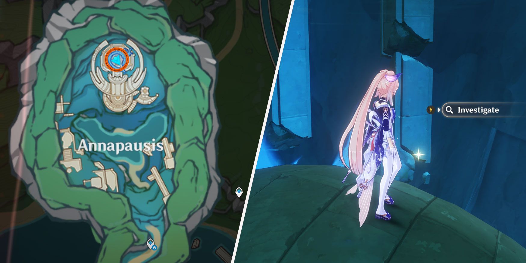 An image split in two. On the left, there is a map of Annapausis, a circle signaling where the Enigmatic Page is located. On the right, Sangonomiya Kokomi from Genshin Impact stands on top of a tower.