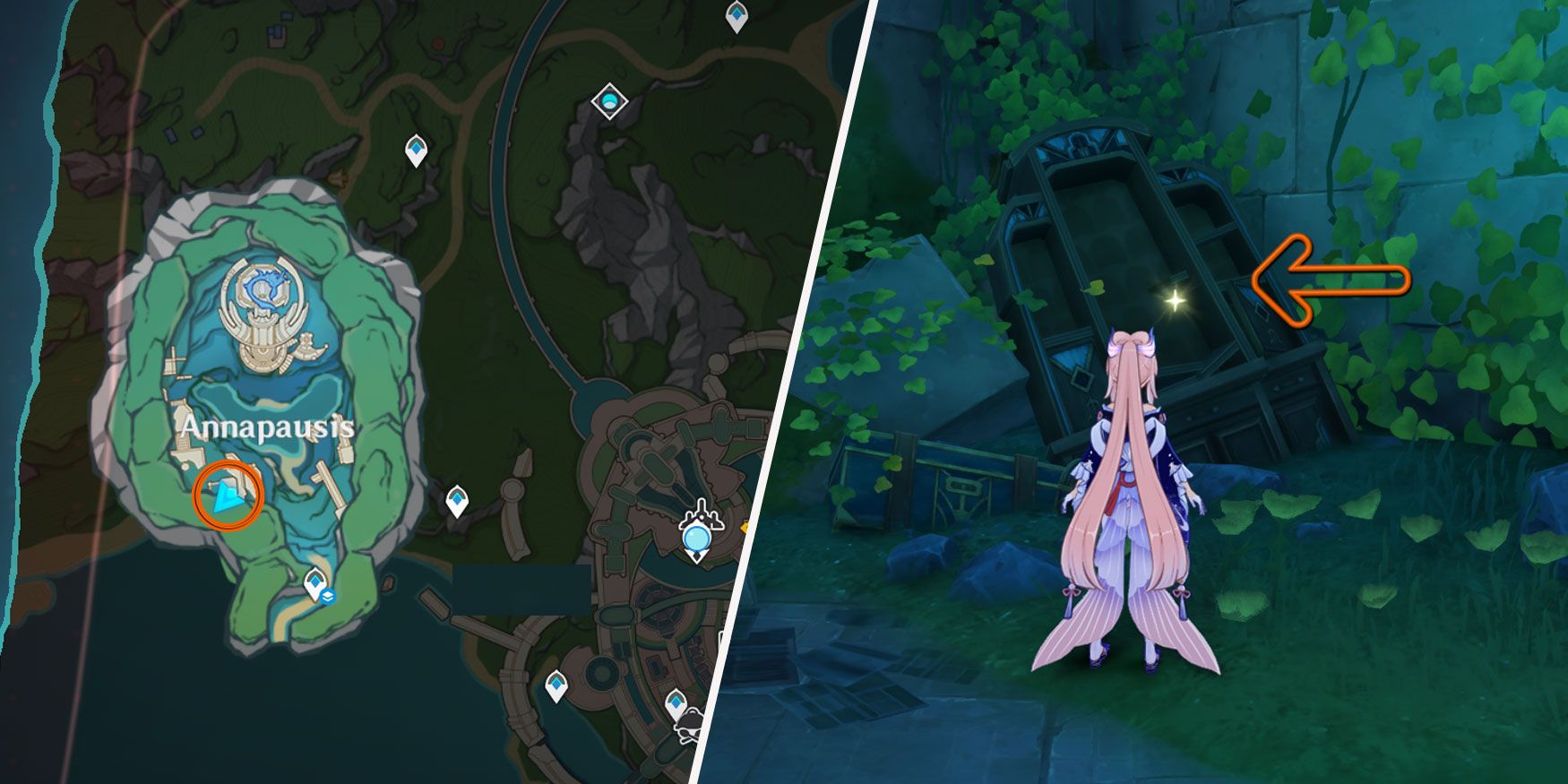 An image split in two. On the left, there is a map of Annapausis, a circle signaling where the Enigmatic Page is located. On the right, Sangonomiya Kokomi from Genshin Impact stands in front of a broken down shelf; an arrow points toward the location of an Enigmatic Page.