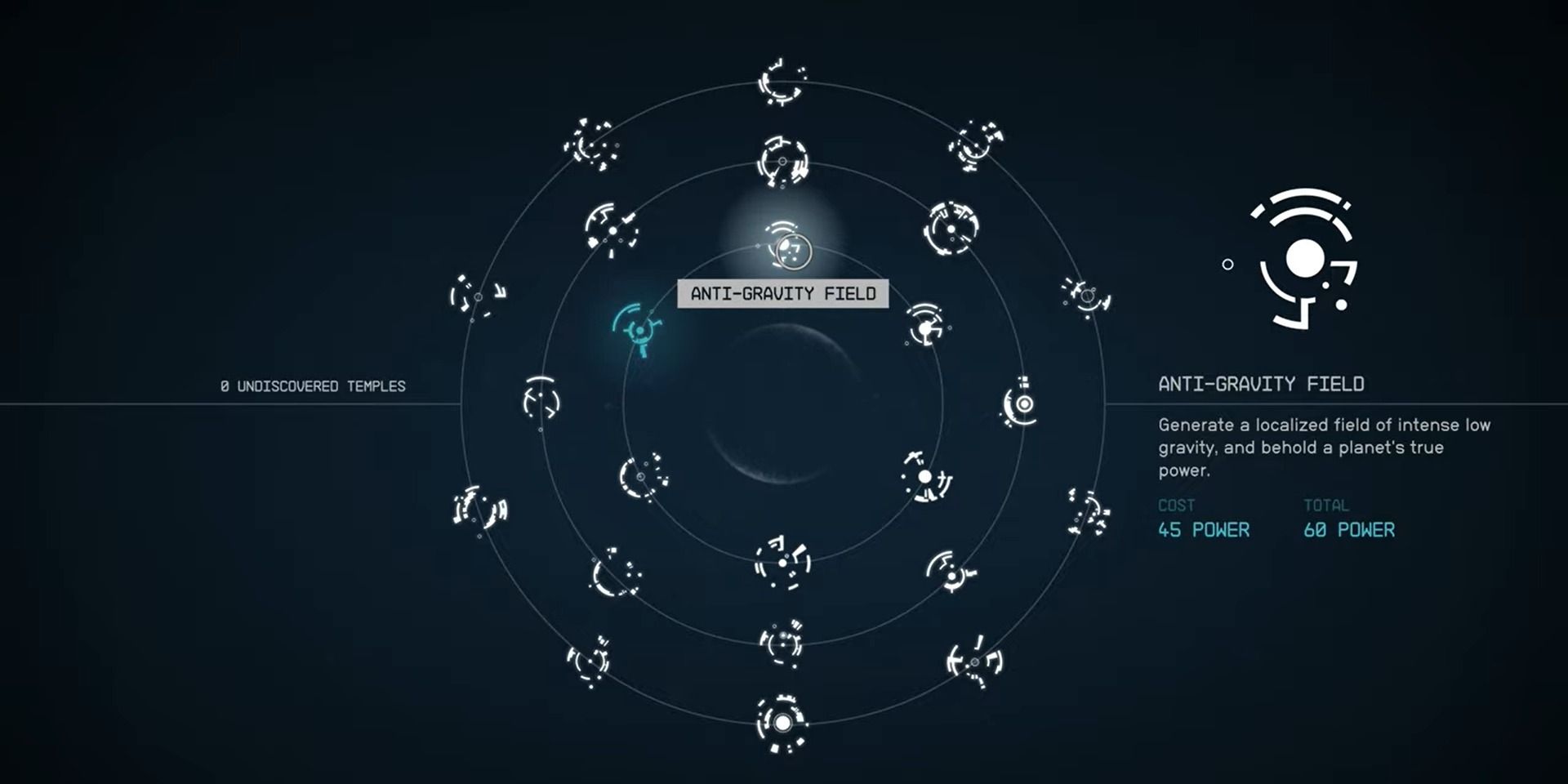 Menu view of Starfield's powers, highlighting Anti-Gravity Field