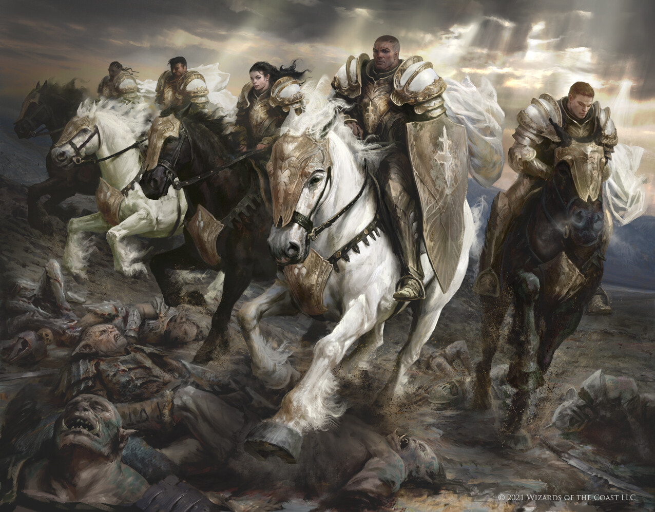 DND characters riding horses with shields across their enemies