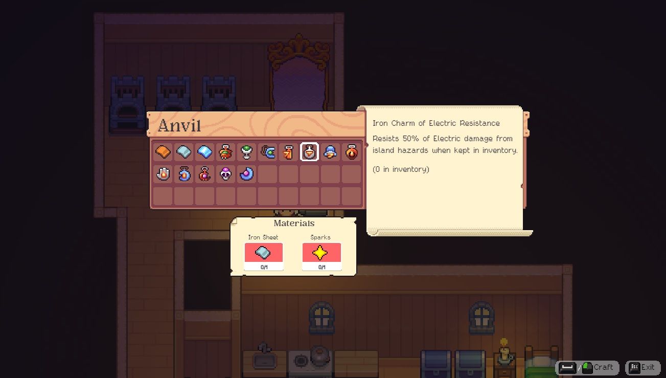 Player character crafting at an Anvil in their home and hovering over the Iron Charm of Electric Resistance in Moonstone Island.