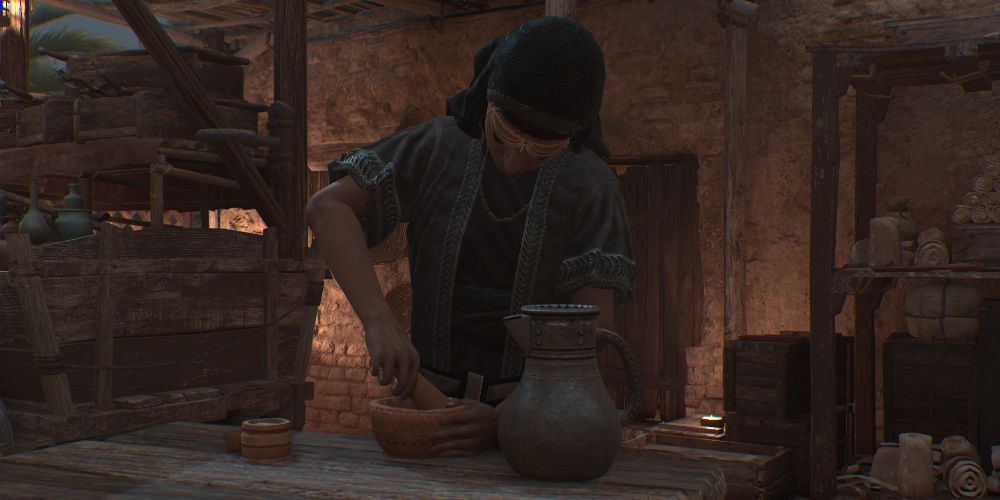 Assassin's Creed Mirage, Best Early Upgrades, A merchant grinding herbs