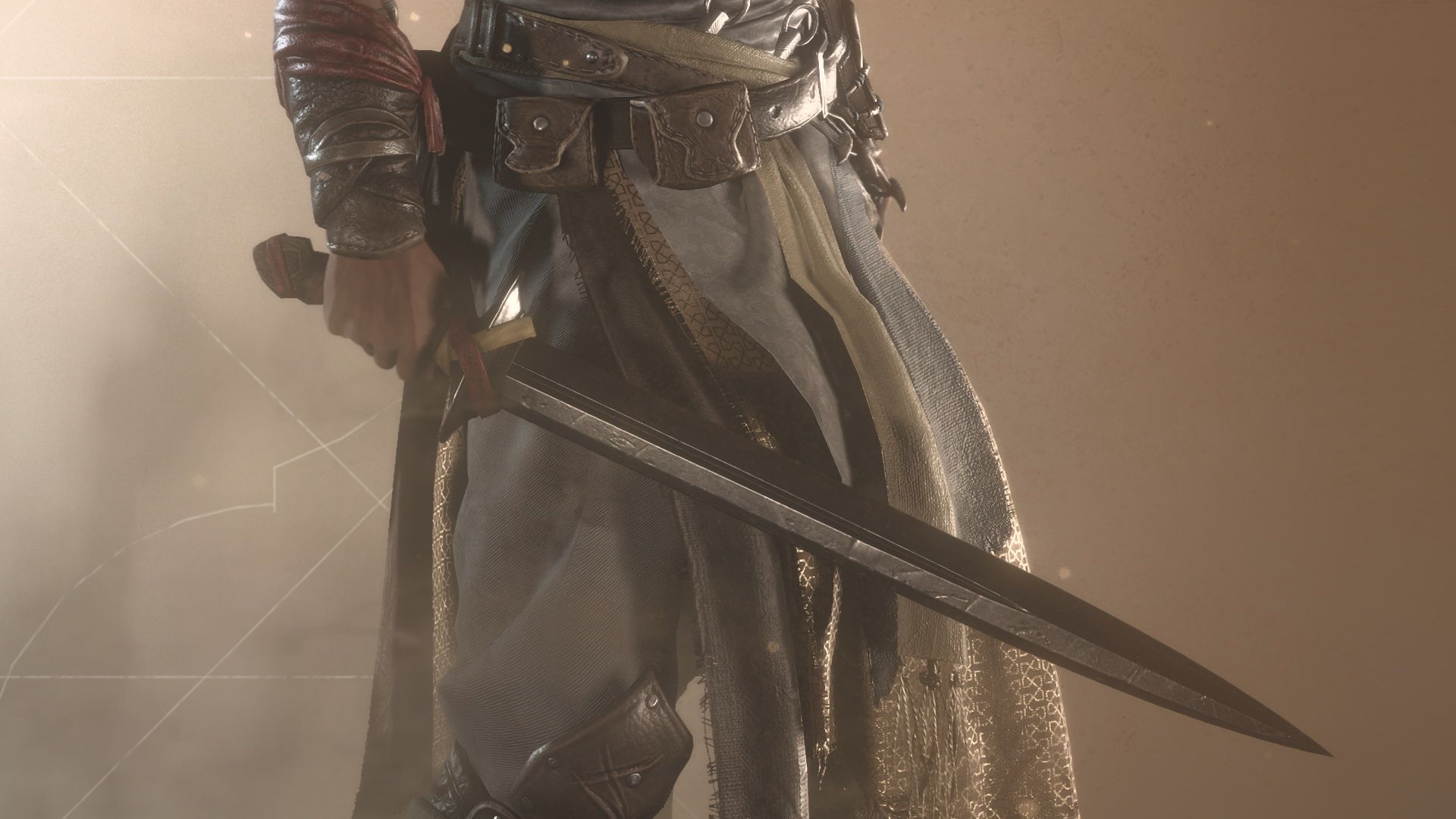 Assassin's Creed Mirage, Zanj Uprising Gear, Basim awash in gold light while wearing the Zanj Uprising Sword