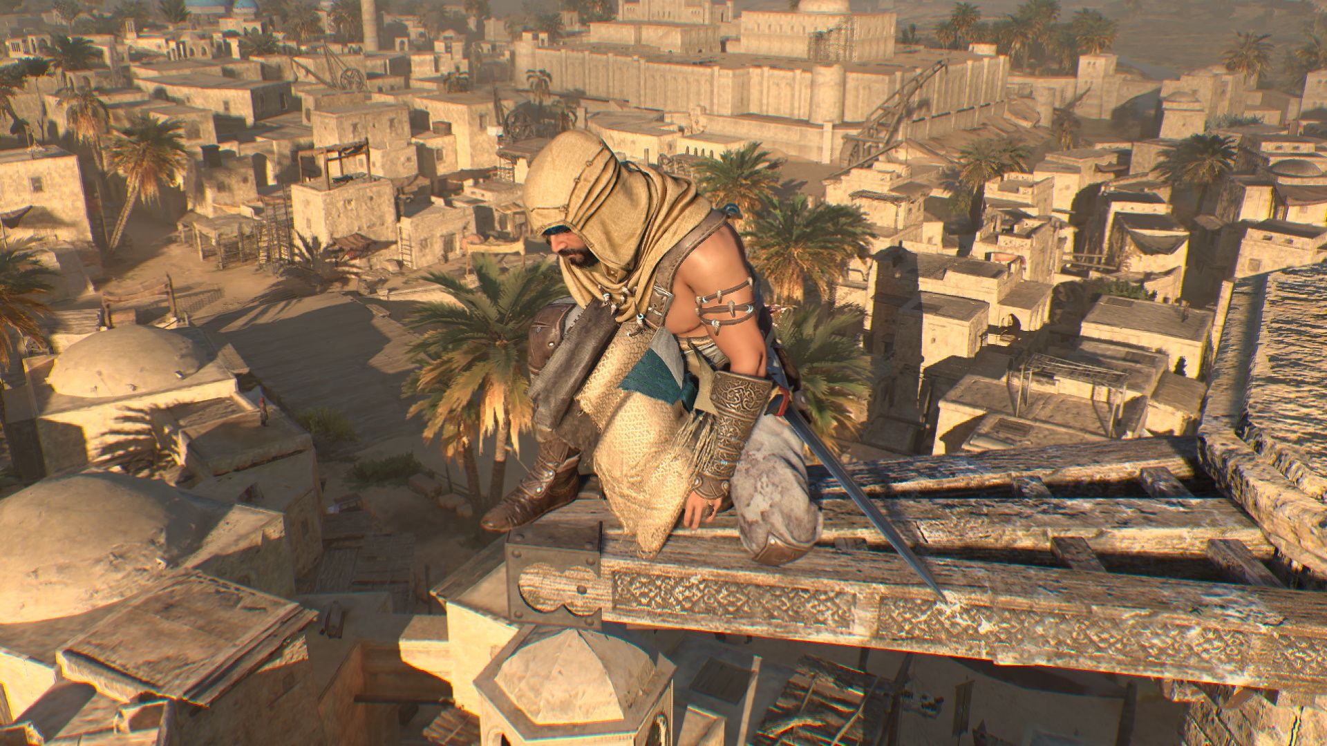 Assassin's Creed Mirage, Zanj Uprising Gear, Looking down on the Baghdad while wearing the Zanj Uprising Outfit