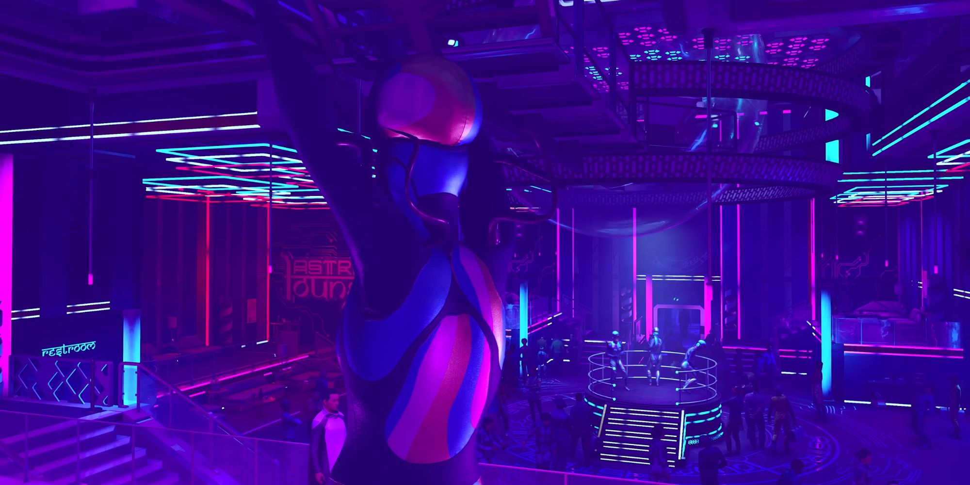 A cinematic screenshot of the Astral Lounge at Neon in Starfield.