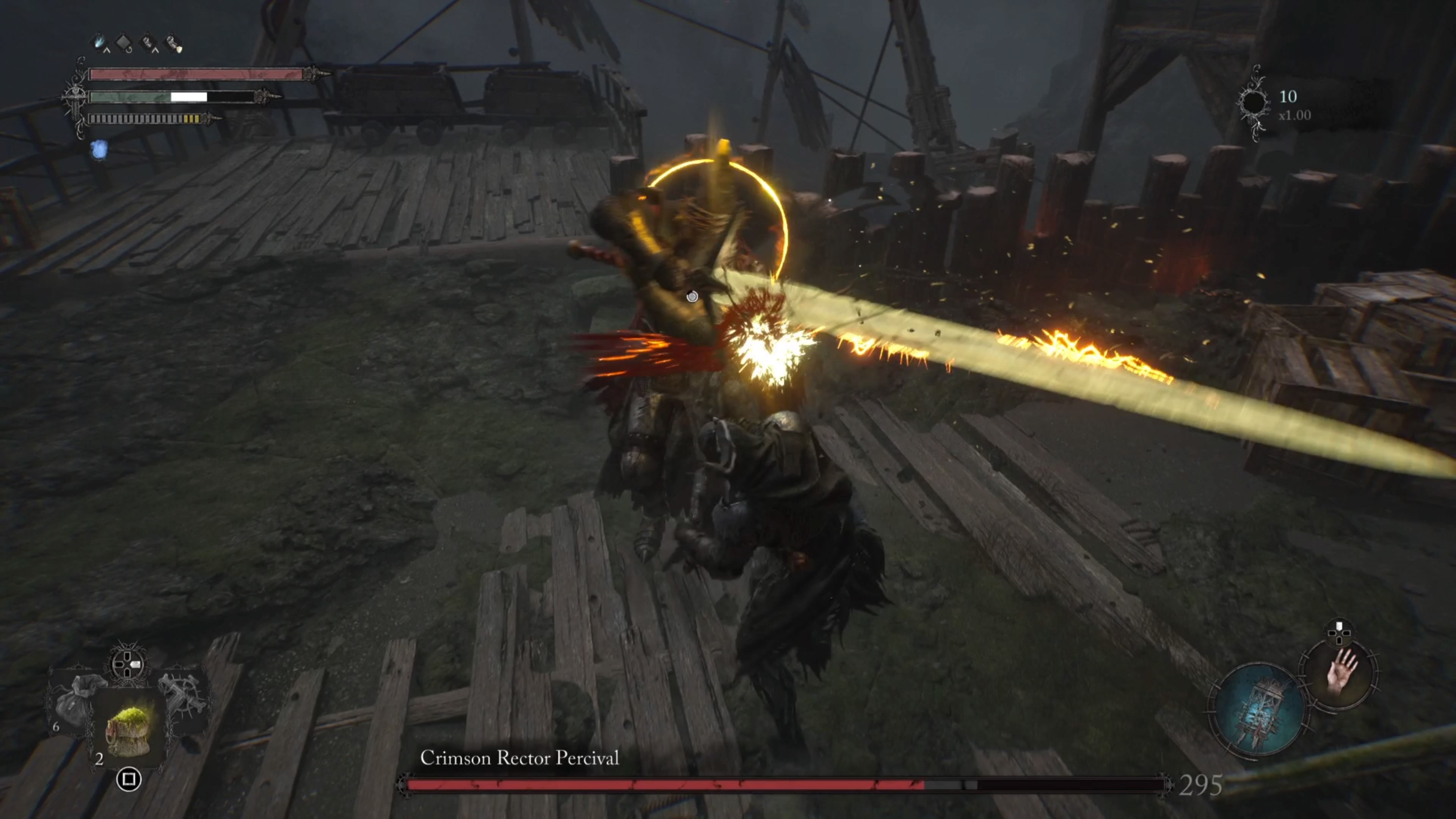 Attacking Crimson Rector Percival Boss in Lords of the Fallen