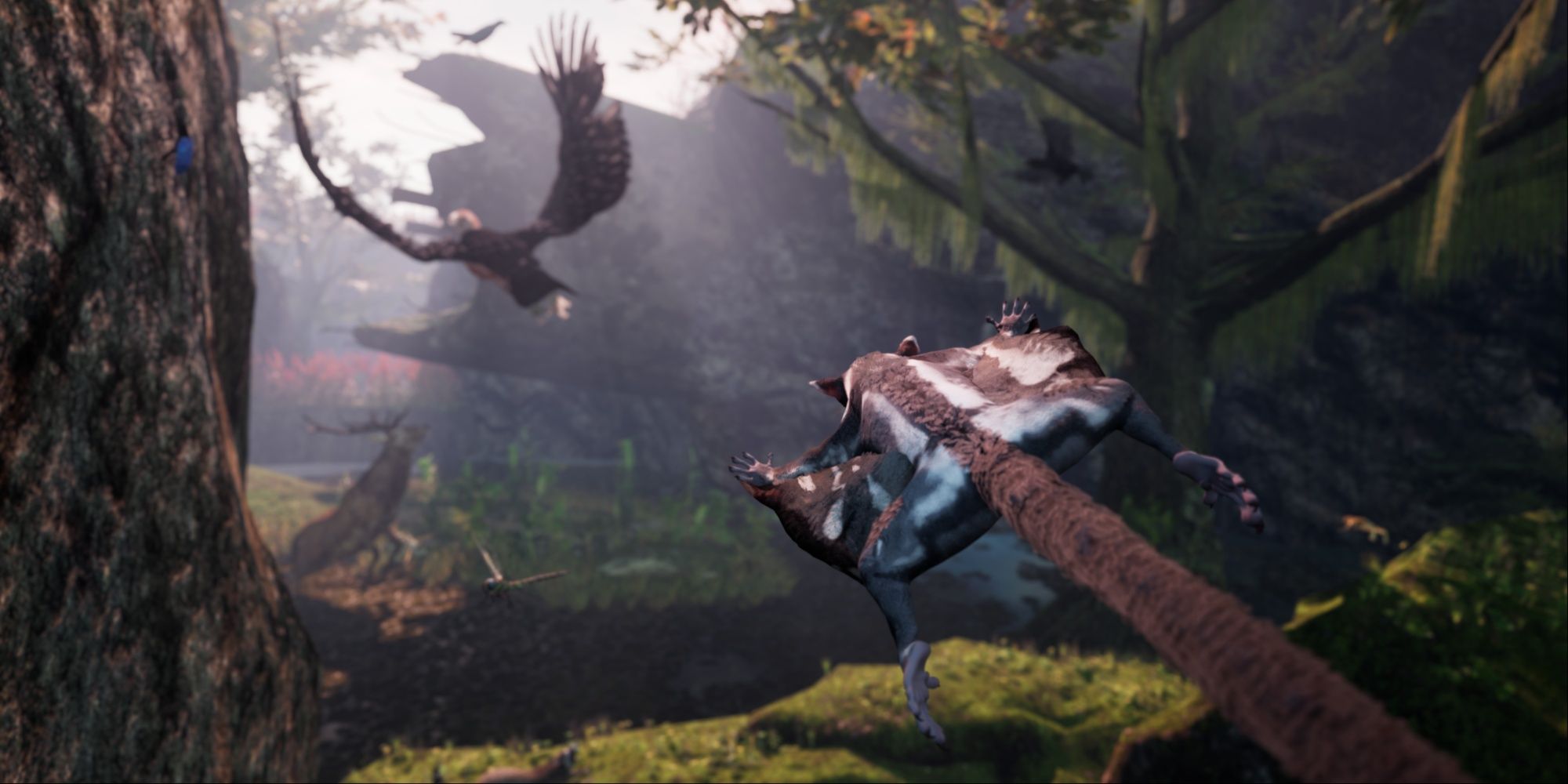 Sugar glider flying through the trees