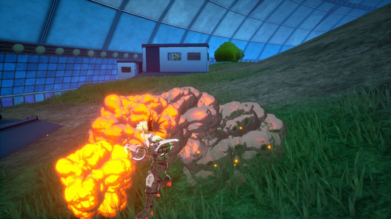The second hit of Bakugo's melee attack producing a huge cloud of smoke.