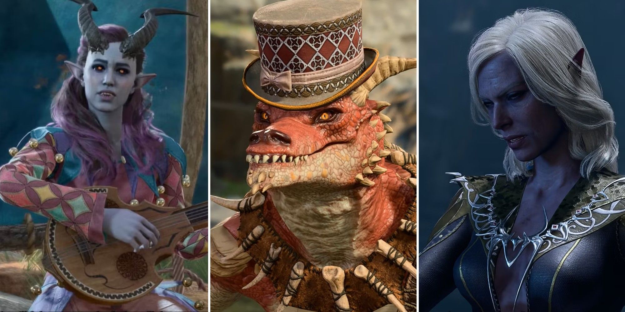 Baldur's Gate 3 collage showing Alfira, Popper and Viconia