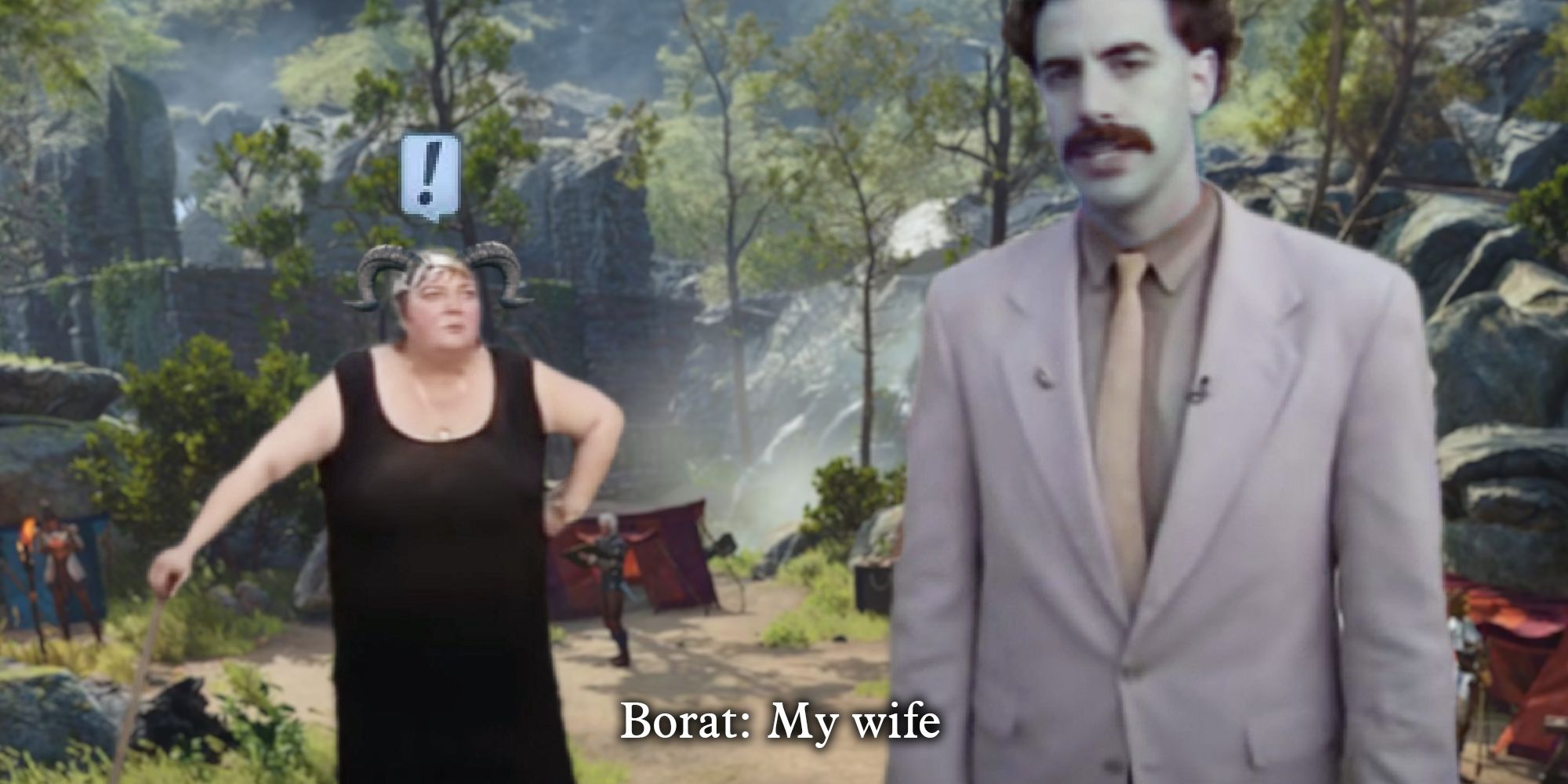 Borat and his wife in Baldur's Gate 3, Borat saying 'my wife'
