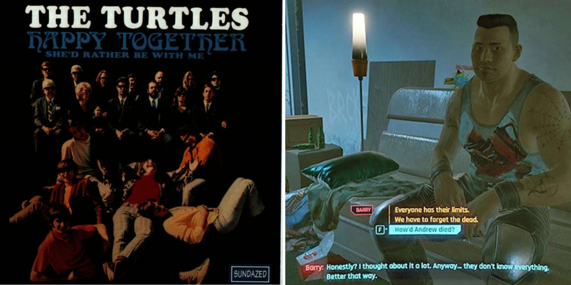 Barry in his apartment from the Happy Together quest with album art for the song of the same name