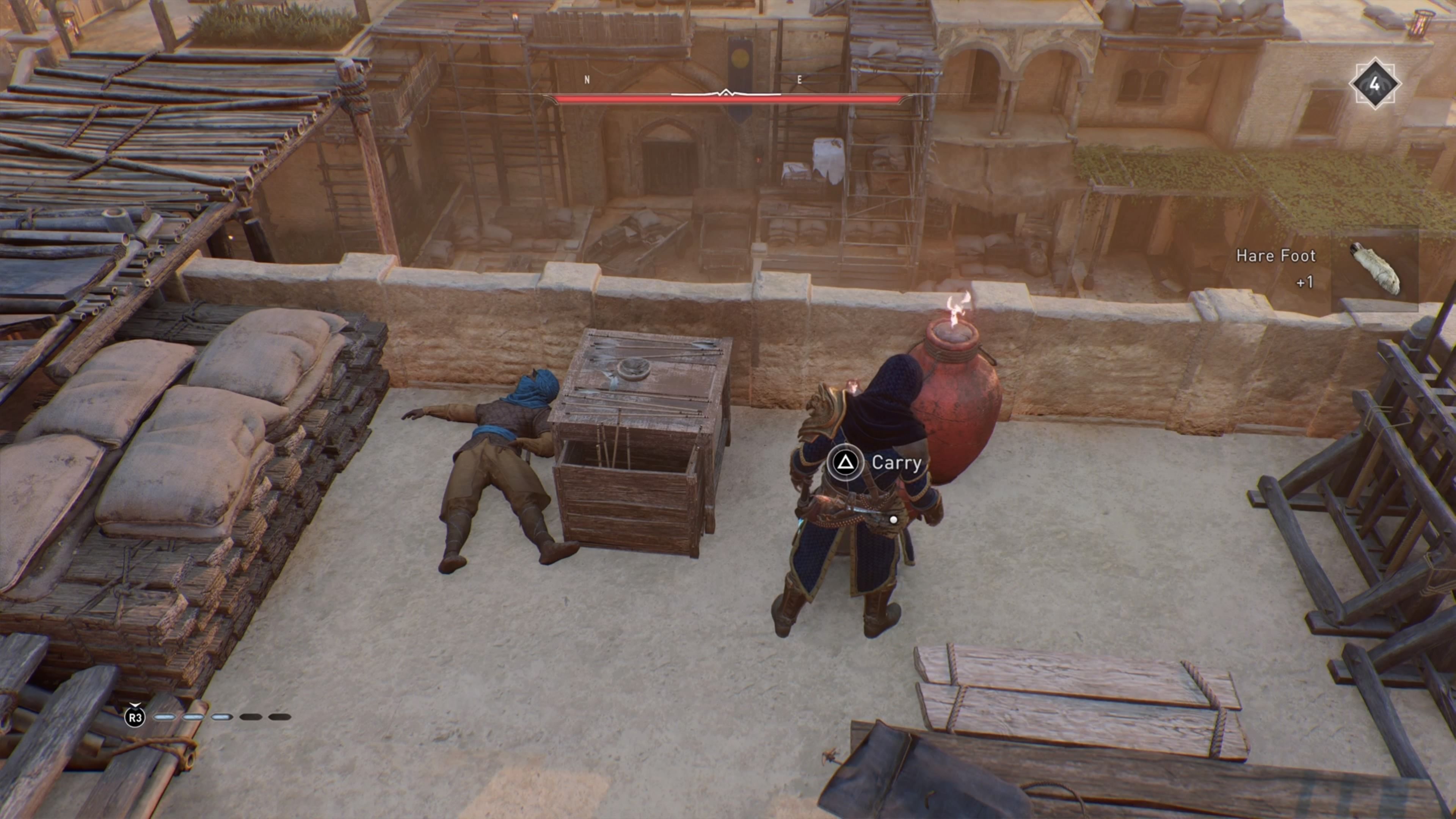 Basim near guard and flammable pot in Qasr Salih in Assassin's Creed Mirage